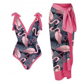 sexy flamingo print padded one-piece swimsuit with skirt(skirt only one size）