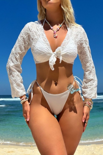 sexy solid color mesh long sleeve padded three-piece swimwear