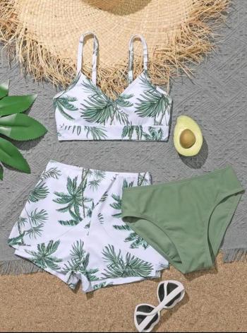 teen girls 2 colors coconut tree printing padded three-piece swimsuit