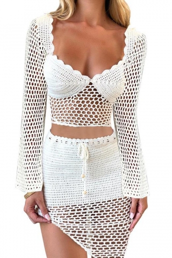 sexy cut out knitted 2 colors long sleeve top & mini skirt set cover-up