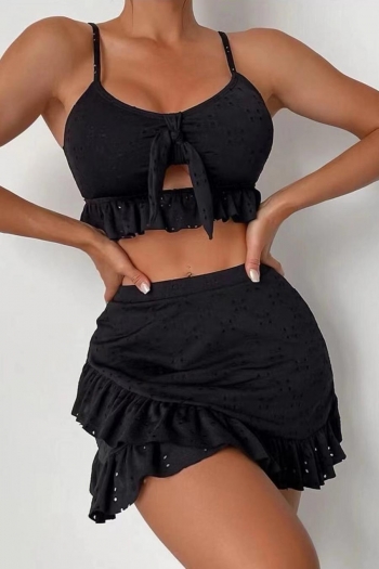 sexy 7 colors hollow ruffle high waist padded three-piece swimsuit