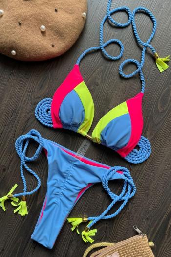 sexy color-block halter-neck lace-up padded bikini set