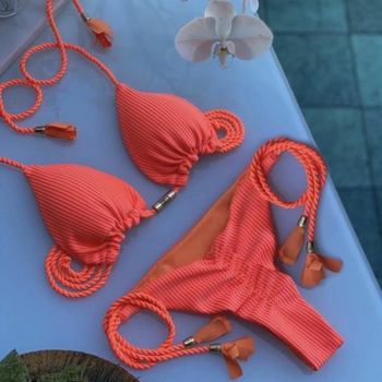 sexy padded halter-neck lace-up solid color bikini set