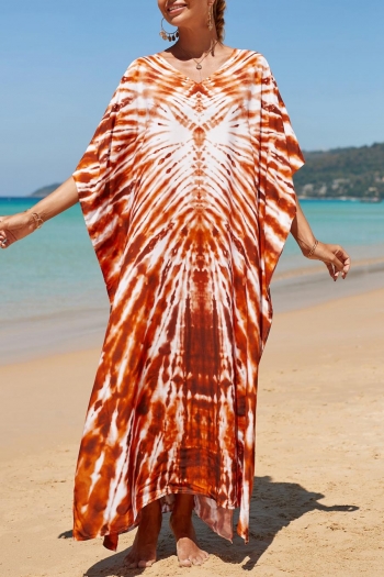 stylish orange tie dye v-neck high-slit loose beach dress cover-up