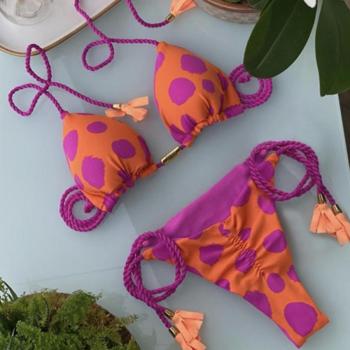 sexy padded polka dot printing lace-up bikini set