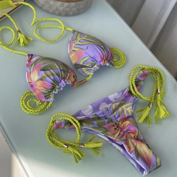 sexy padded flower & leaf printing lace-up bikini set