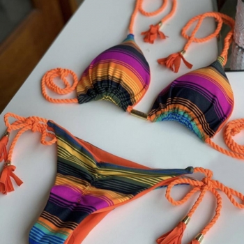 sexy padded stripe printing lace-up bikini set
