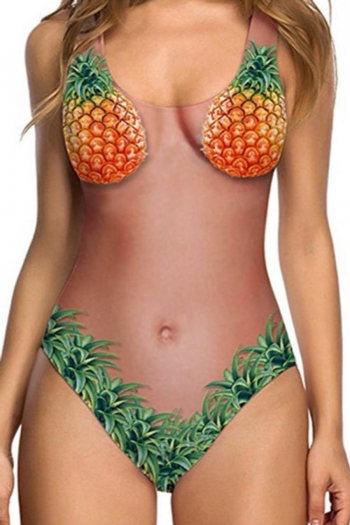 sexy leaf & pineapple printing padded sling one piece swimwear
