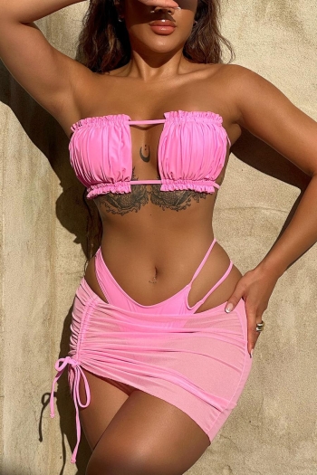 sexy pure color padded hollow lace-up drawstring three-piece swimsuit