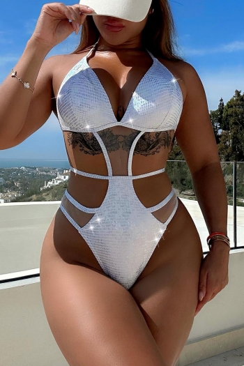 sexy silver holographic mesh spliced padded halter-neck lace-up one-piece swimsuit