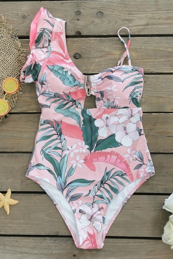 sexy flower batch printing padded ruffle hollow high quality one-piece swimsuit