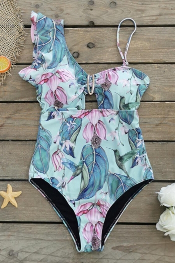 sexy flower and bird print padded ruffle hollow high quality one-piece swimsuit