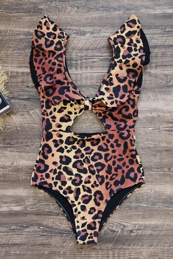 sexy leopard printing padded hollow ruffle one-piece swimsuit