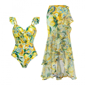 retro floral print padded one piece swimwear with skirt(skirt one size)