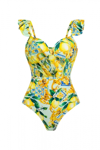 retro floral printing padded ruffle one piece swimsuit