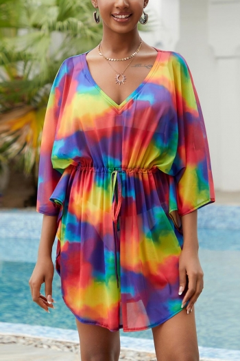 sexy mesh multicolor tie dye v-neck drawstring beach cover-up