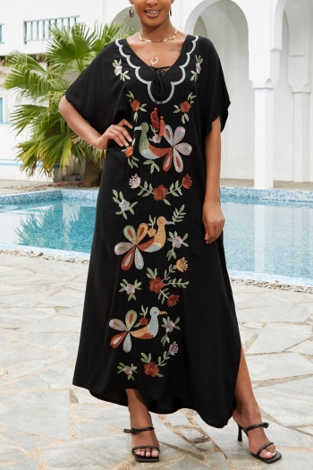 stylish flower embroidery v-neck lace-up beach robe cover-up
