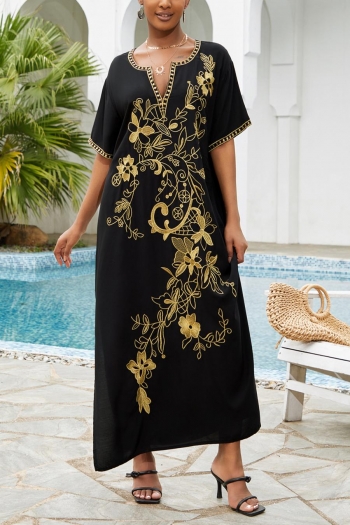 stylish flower embroidery loose beach dress cover-up
