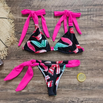 sexy digital printing padded tie-shoulder triangle bikini set
