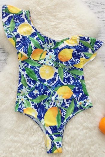 sexy lemon batch printing padded one shoulder ruffle one-piece swimwear