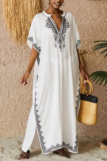 stylish two colors embroidery v-neck beach robe cover-up