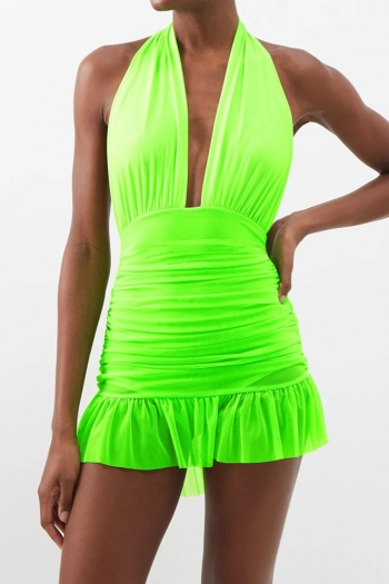 sexy solid color padded halter-neck one-piece swimsuit with mesh mini skirt