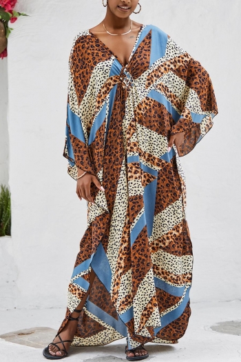 stylish leopard printing v-neck loose beach robe cover-up