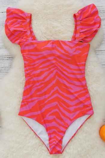 sexy irregular stripe batch printing padded ruffle lace-up one-piece swimsuit