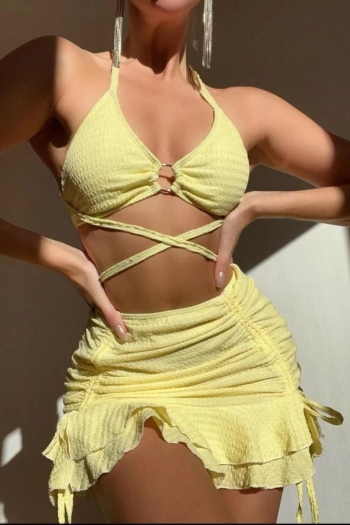 sexy 6 colors textured padded ring linked drawstring skirt three-piece swimsuit