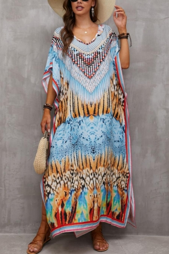 stylish ethnic style digital printing v-neck loose beach robe cover-up#3#