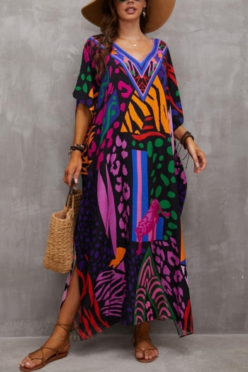 stylish ethnic style digital printing v-neck loose beach robe cover-up#4#