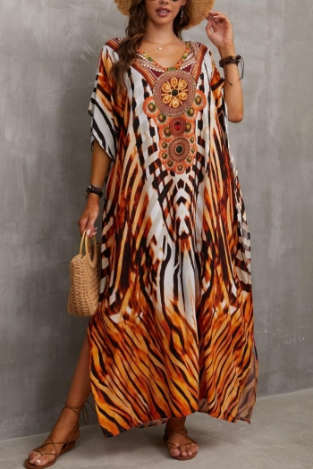 stylish ethnic style digital printing v-neck loose beach robe cover-up#5#