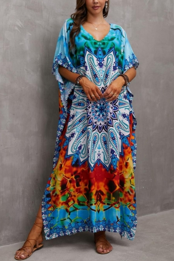 stylish ethnic style digital printing v-neck loose beach robe cover-up#7#