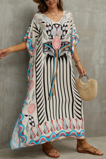 stylish ethnic style digital printing v-neck loose beach robe cover-up#9#