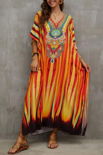 stylish ethnic style digital printing v-neck loose beach robe cover-up#11#