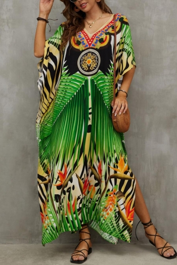 stylish ethnic style digital printing v-neck loose beach robe cover-up#12#