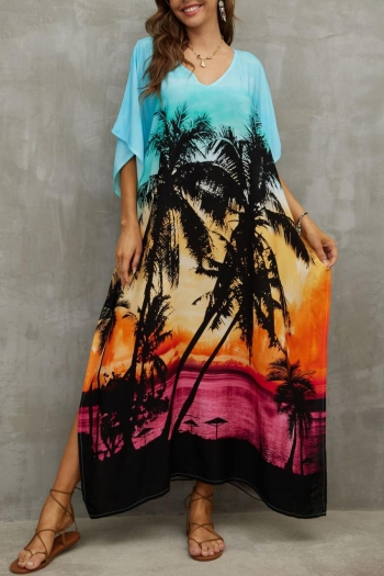 stylish coconut tree printing v-neck loose beach robe cover-up