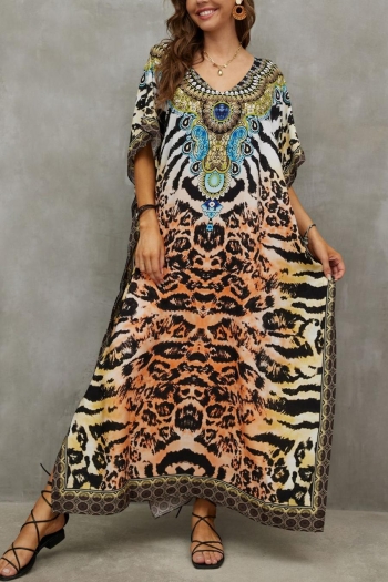 stylish ethnic style tiger stripe printing v-neck loose beach robe cover-up