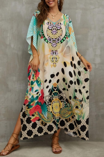 stylish ethnic style digital printing v-neck loose beach robe cover-up#15#