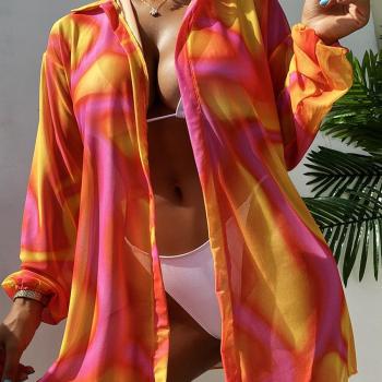 sexy tie dye mesh long sleeve beach cover-up(only cover-up)