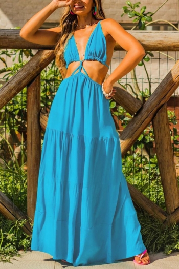 sexy pure color unpadded hollow beach maxi dress cover-up