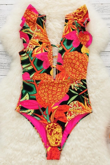 sexy pineapple batch printing padded deep v ruffle one-piece swimsuit