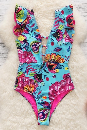sexy flower batch printing padded deep v ruffle one-piece swimsuit