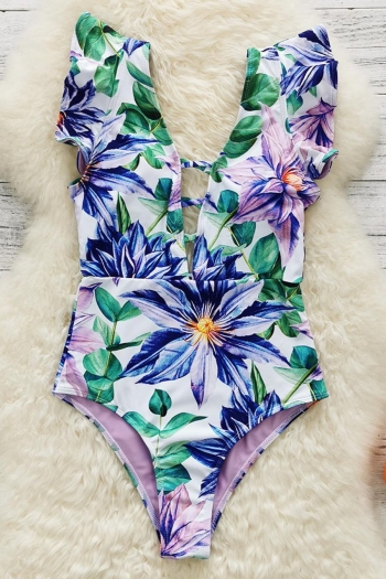 sexy floral batch printing padded deep v ruffle one-piece swimsuit