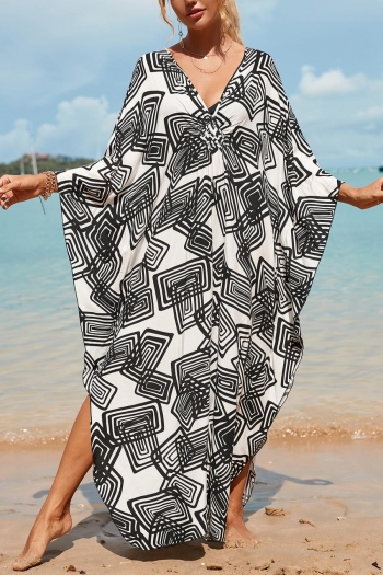 stylish geometric graphic printing v-neck loose beach robe cover-up