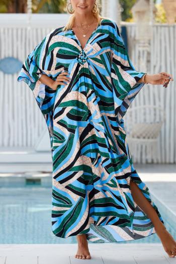 stylish beach two colors stripe batch printing v-neck loose robe cover-up