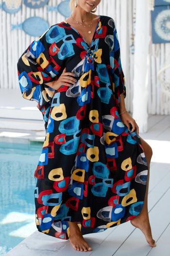 stylish beach letter batch printing v-neck loose robe cover-up