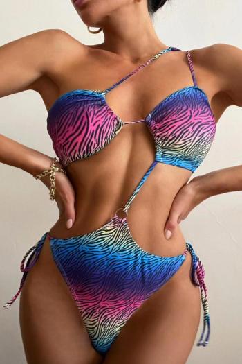 sexy gradient color printing padded one shoulder hollow tied one-piece swimsuit