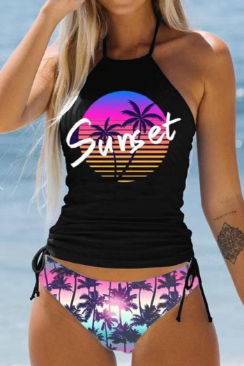 conservative plus size coconut tree and letter printing padded tankini set