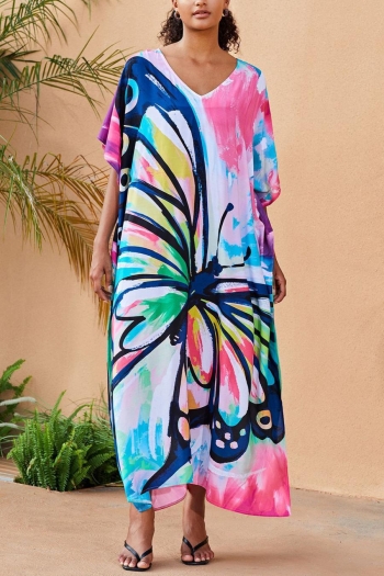 stylish butterfly graphic printing v-neck loose beach robe cover-up